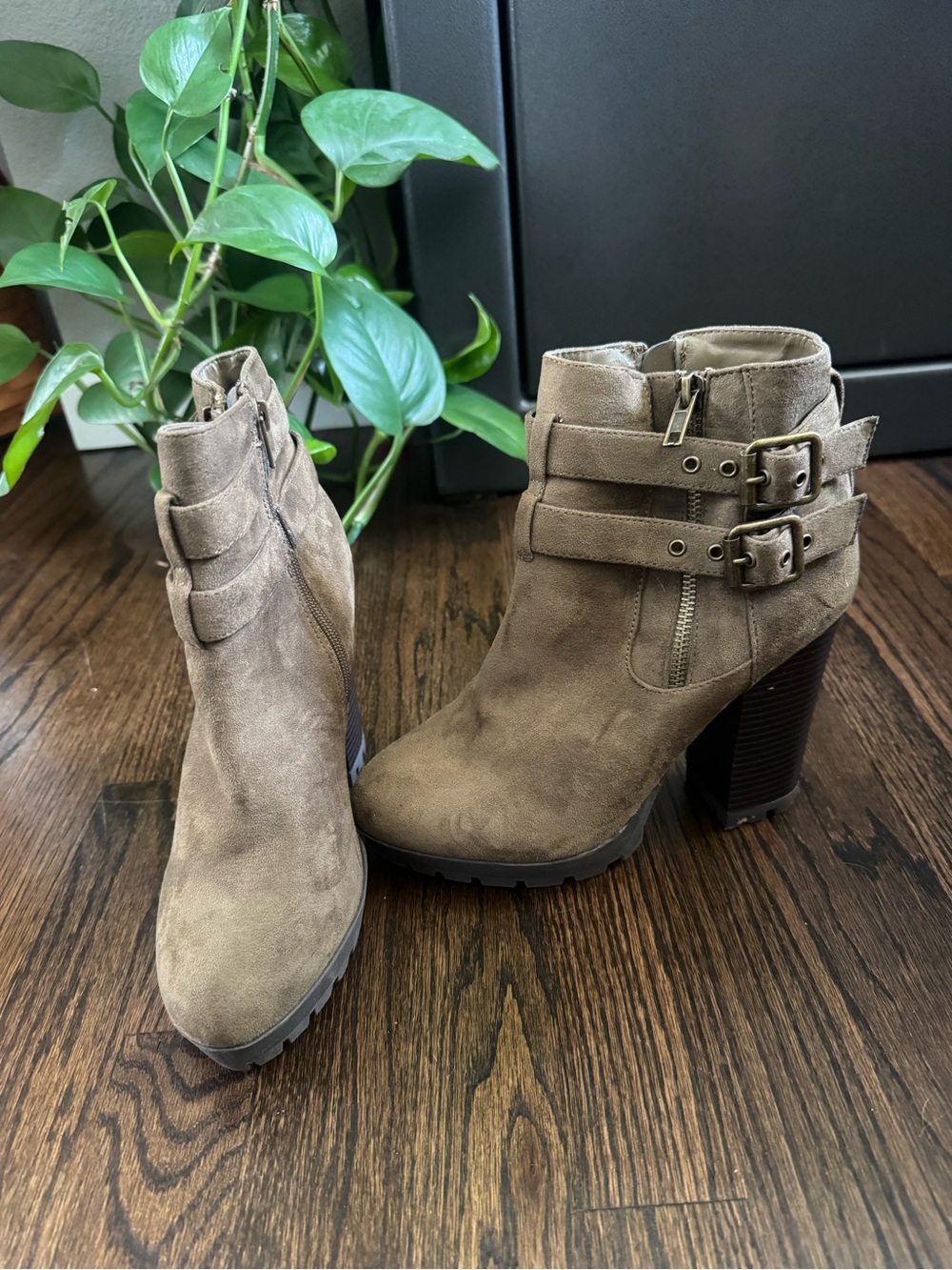 Charlotte Russe Taupe Suede Buckle Block Heel Booties